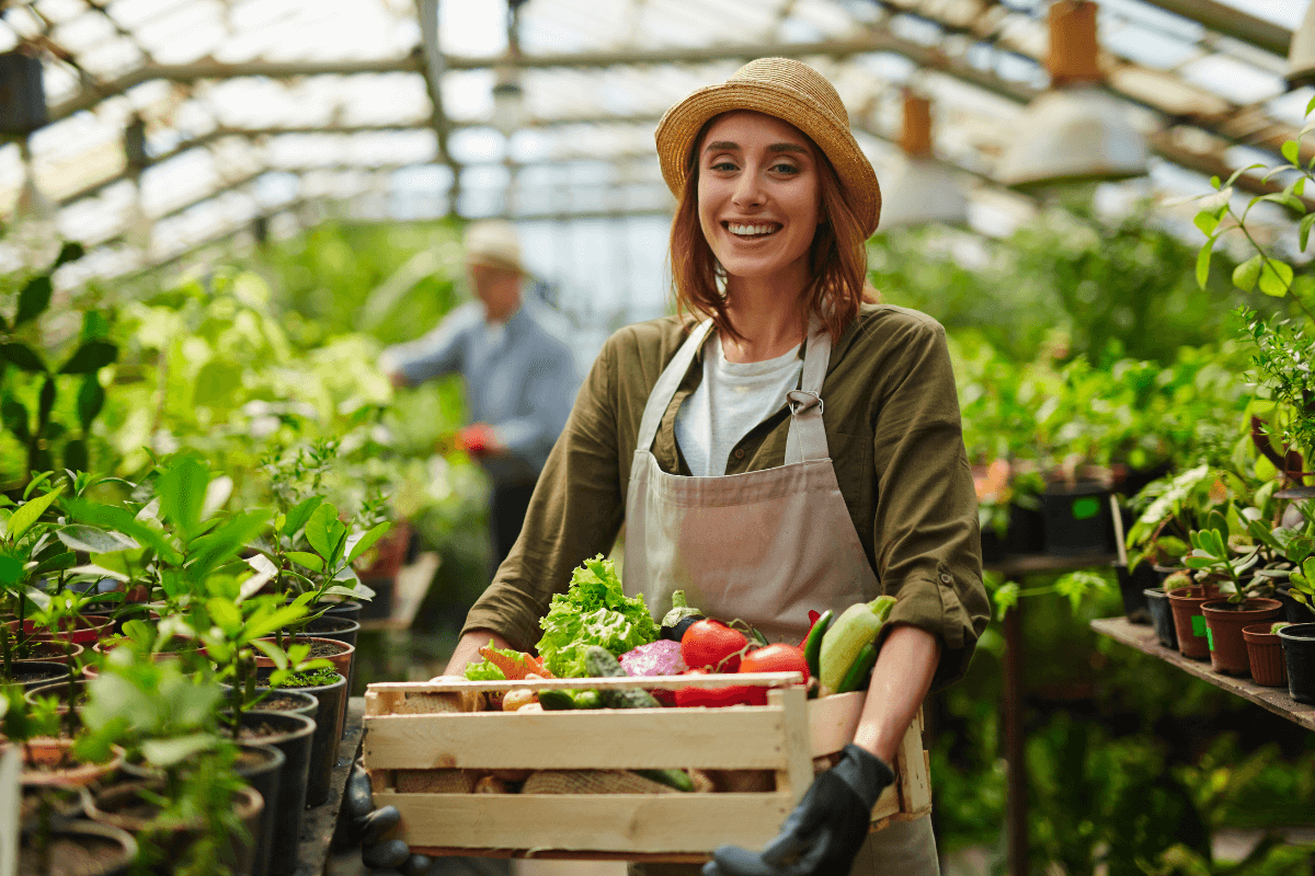 O reconhecimento profissional gera resultados visíveis Jardineira sorridente segurando uma caixa de madeira com colheita fresca dentro de uma estufa, ilustrando a satisfação e o retorno positivo gerados quando se valoriza quem trabalha com jardinagem.